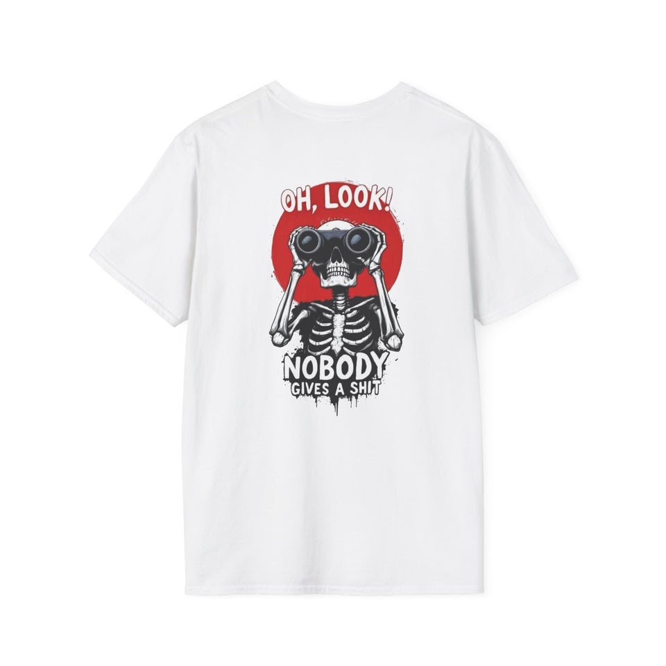 Skeleton Binoculars T‑Shirt — "Oh, Look! Nobody Gives a Sh!t" Graphic Tee