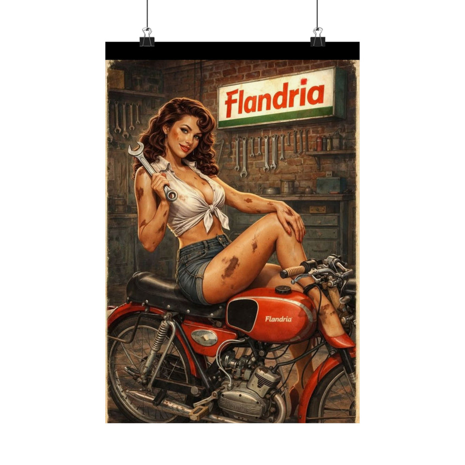 Vintage Pin-Up Motorcycle Poster – “Flandria” Matte Vertical Print