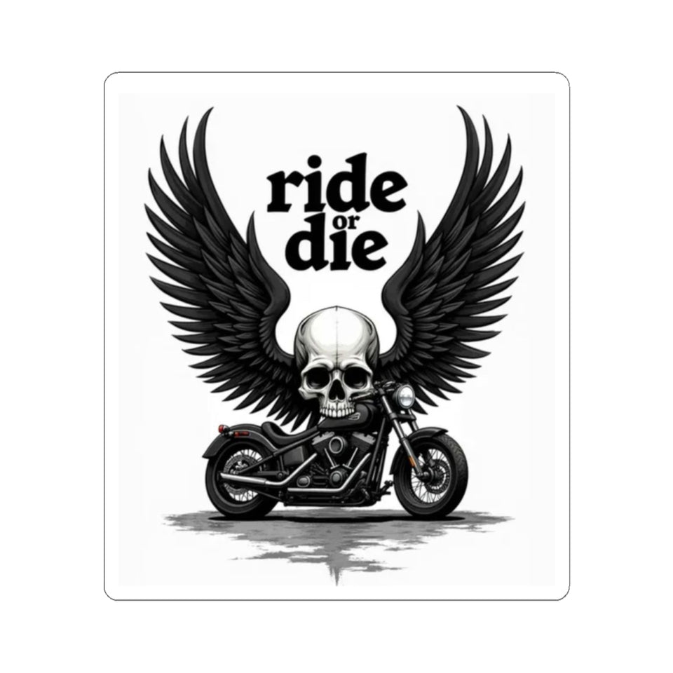 Ride or Die Motorcycle Skull Sticker - Kiss-Cut Biker Decal with Wings