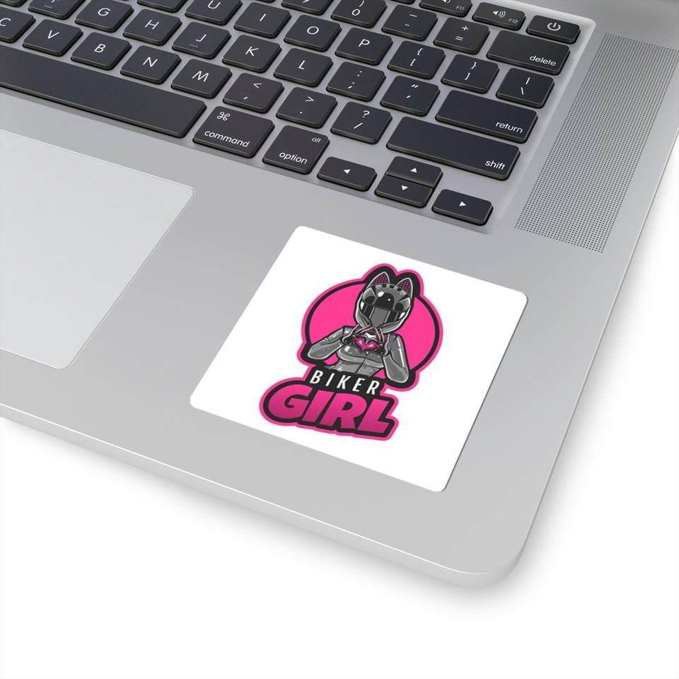 Biker Girl Kiss-Cut Sticker — Pink Motorcycle Helmet Heart Logo