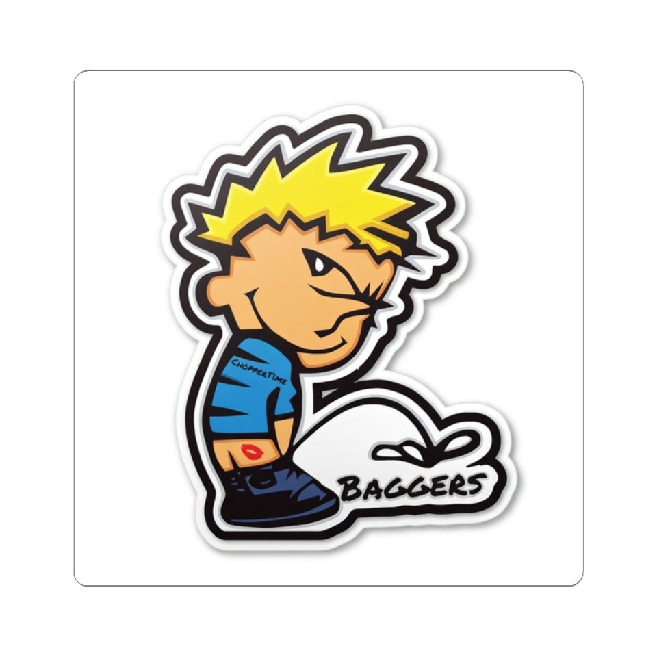 Peeing Boy Cartoon Kiss-Cut Sticker — 'Baggers' Decal for Laptops & Gear