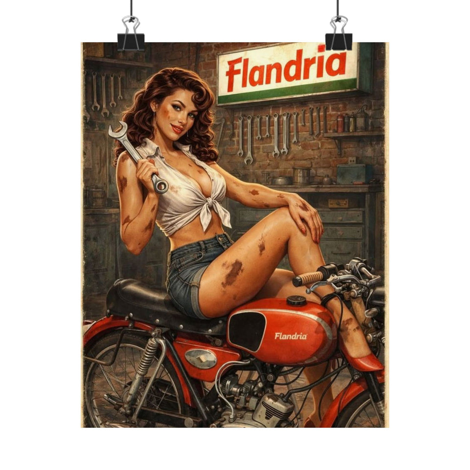 Vintage Pin-Up Motorcycle Poster – “Flandria” Matte Vertical Print